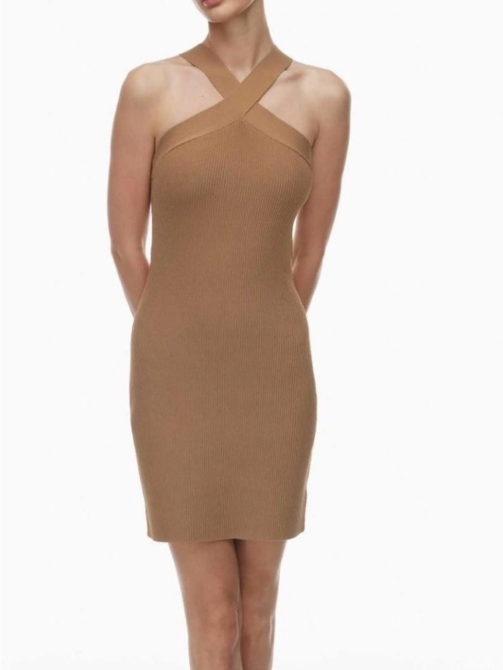 Aritzia Sculpt Knit Dress. Sleeveless Cross-Strap Ribbed Bodycon Dress in Tan
